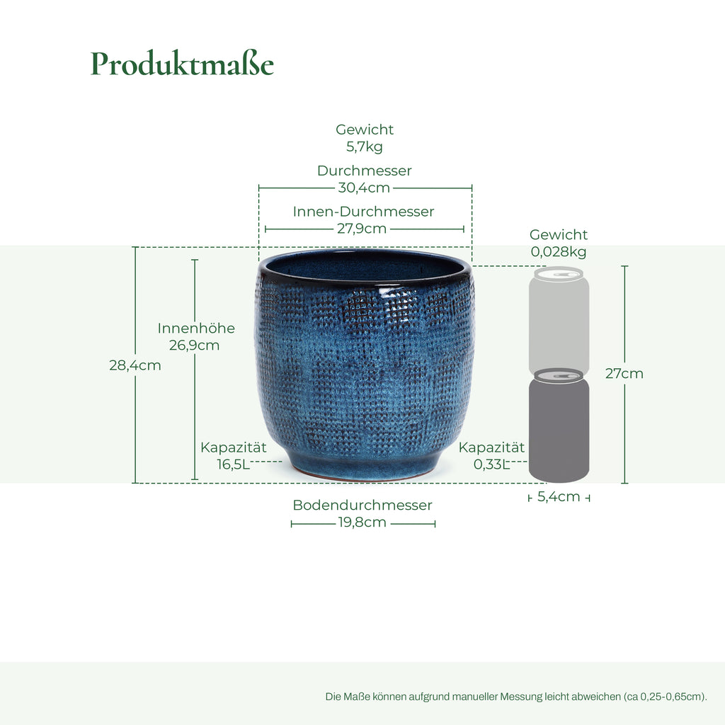 Keramik Blumentopf Groß, Round Übertöpfe Außen & Innen, Massiver Pflanzkübel mit Drainage-Loch ideal für Wohnzimmer, Küche und Balkon (Marineblau, Ø30xH28 cm)