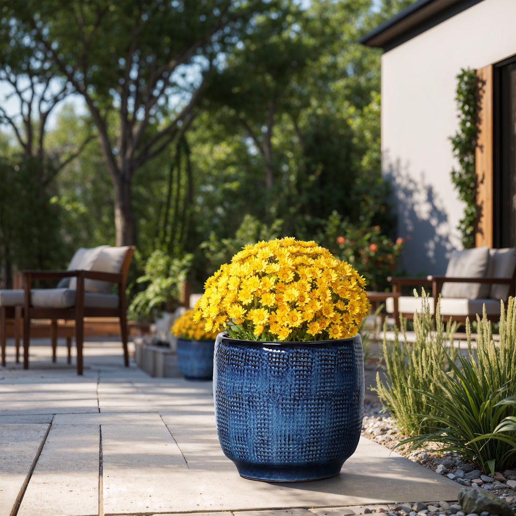 Keramik Blumentopf Groß, Round Übertöpfe Außen & Innen, Massiver Pflanzkübel mit Drainage-Loch ideal für Wohnzimmer, Küche und Balkon (Marineblau, Ø30xH28 cm)