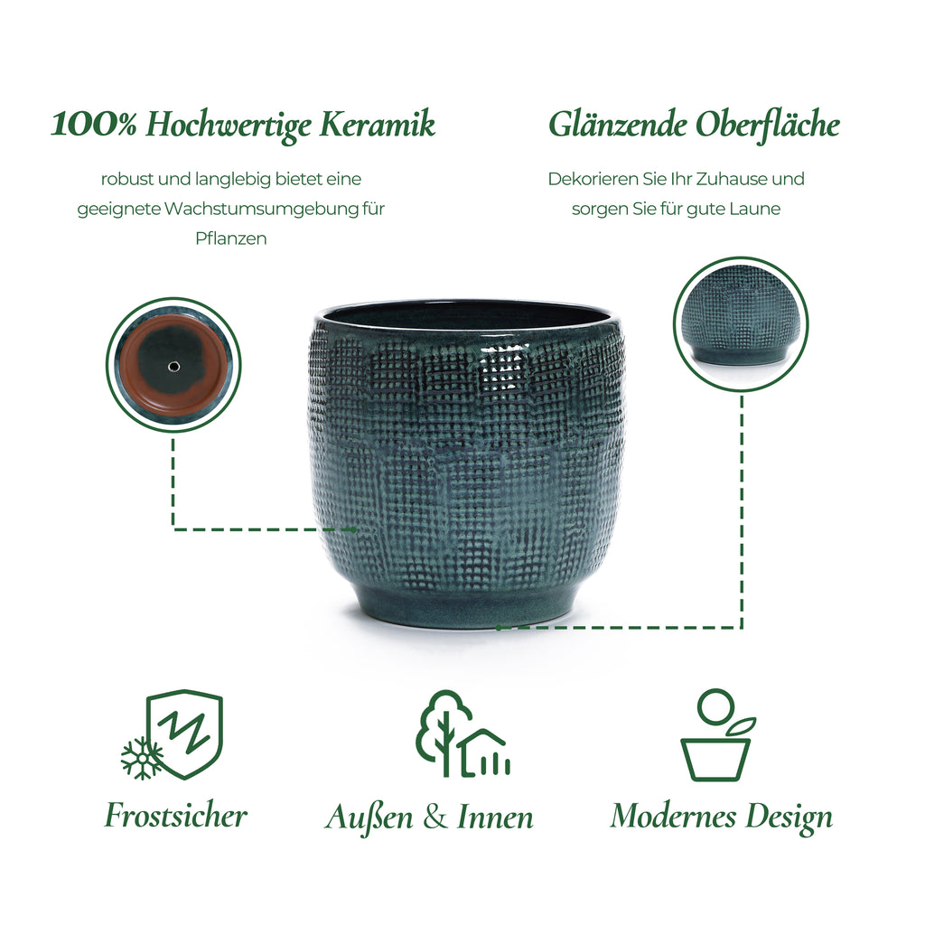 Keramik Blumentopf Groß, Round Übertöpfe Außen & Innen, Massiver Pflanzkübel mit Drainage-Loch ideal für Wohnzimmer, Küche und Balkon (Dunkelgrün, Ø30xH28 cm)