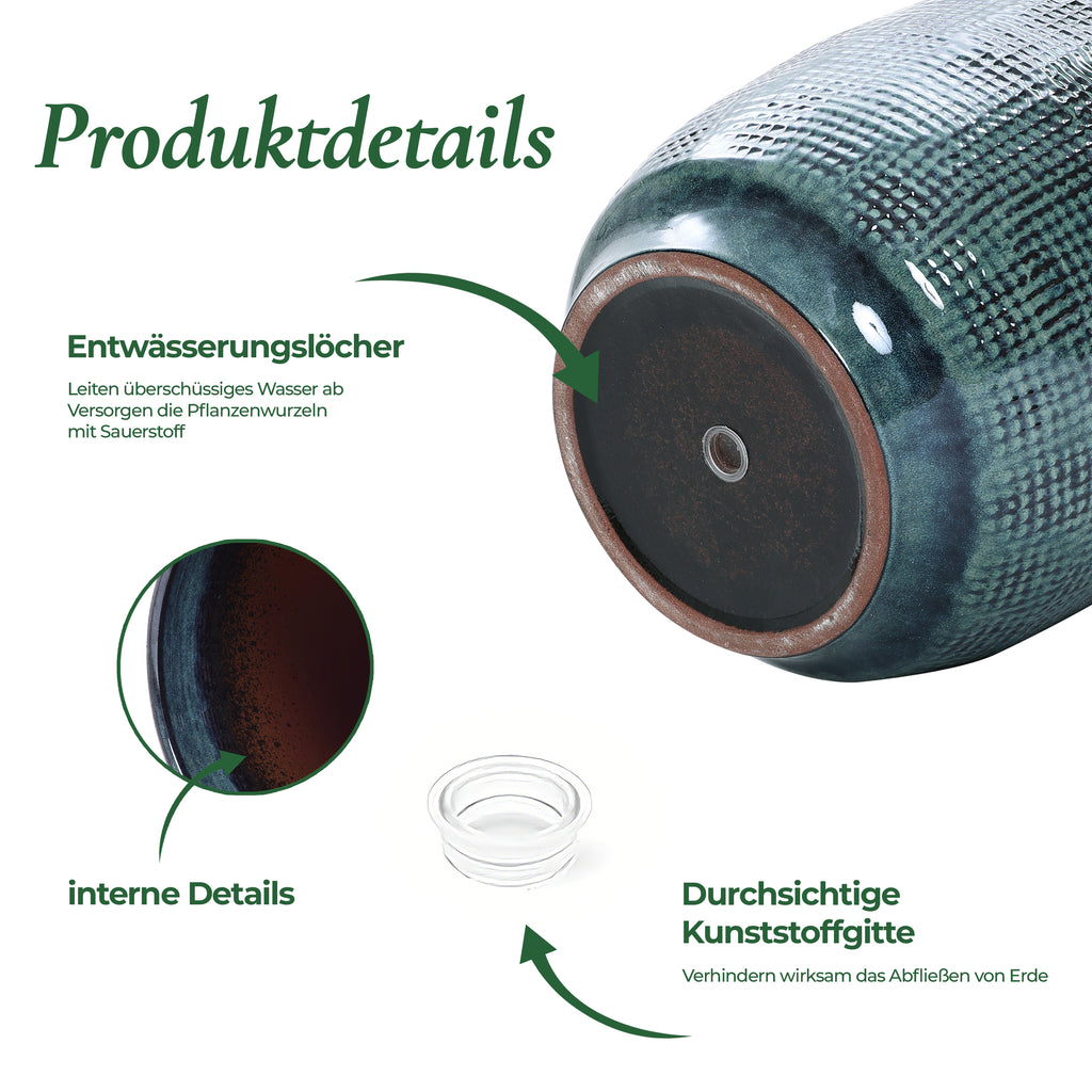 Keramik Blumentopf Groß, Round Übertöpfe Außen & Innen, Massiver Pflanzkübel mit Drainage-Loch ideal für Wohnzimmer, Küche und Balkon (Dunkelgrün, Ø30xH28 cm)