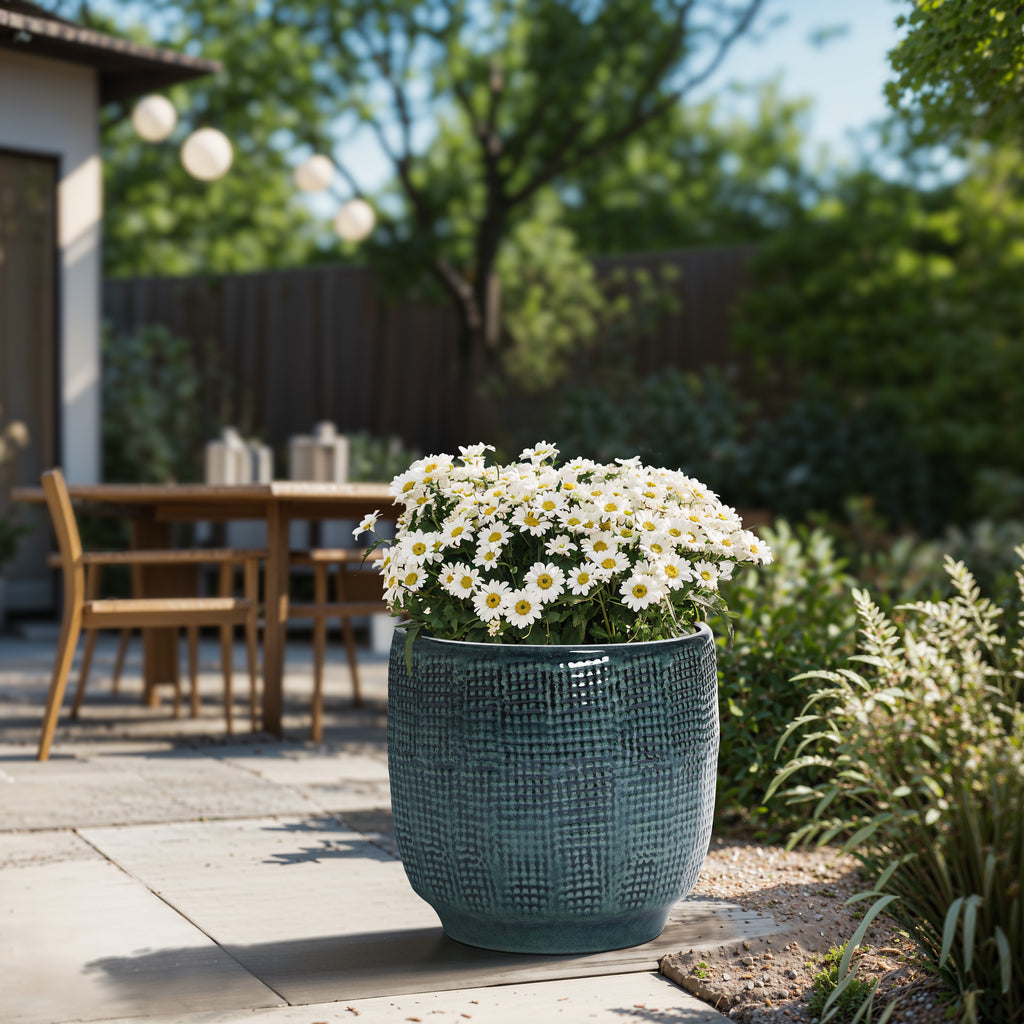 Keramik Blumentopf Groß, Round Übertöpfe Außen & Innen, Massiver Pflanzkübel mit Drainage-Loch ideal für Wohnzimmer, Küche und Balkon (Dunkelgrün, Ø30xH28 cm)