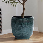 Keramik Blumentopf Groß, Round Übertöpfe Außen & Innen, Massiver Pflanzkübel mit Drainage-Loch ideal für Wohnzimmer, Küche und Balkon (Dunkelgrün, Ø30xH28 cm)