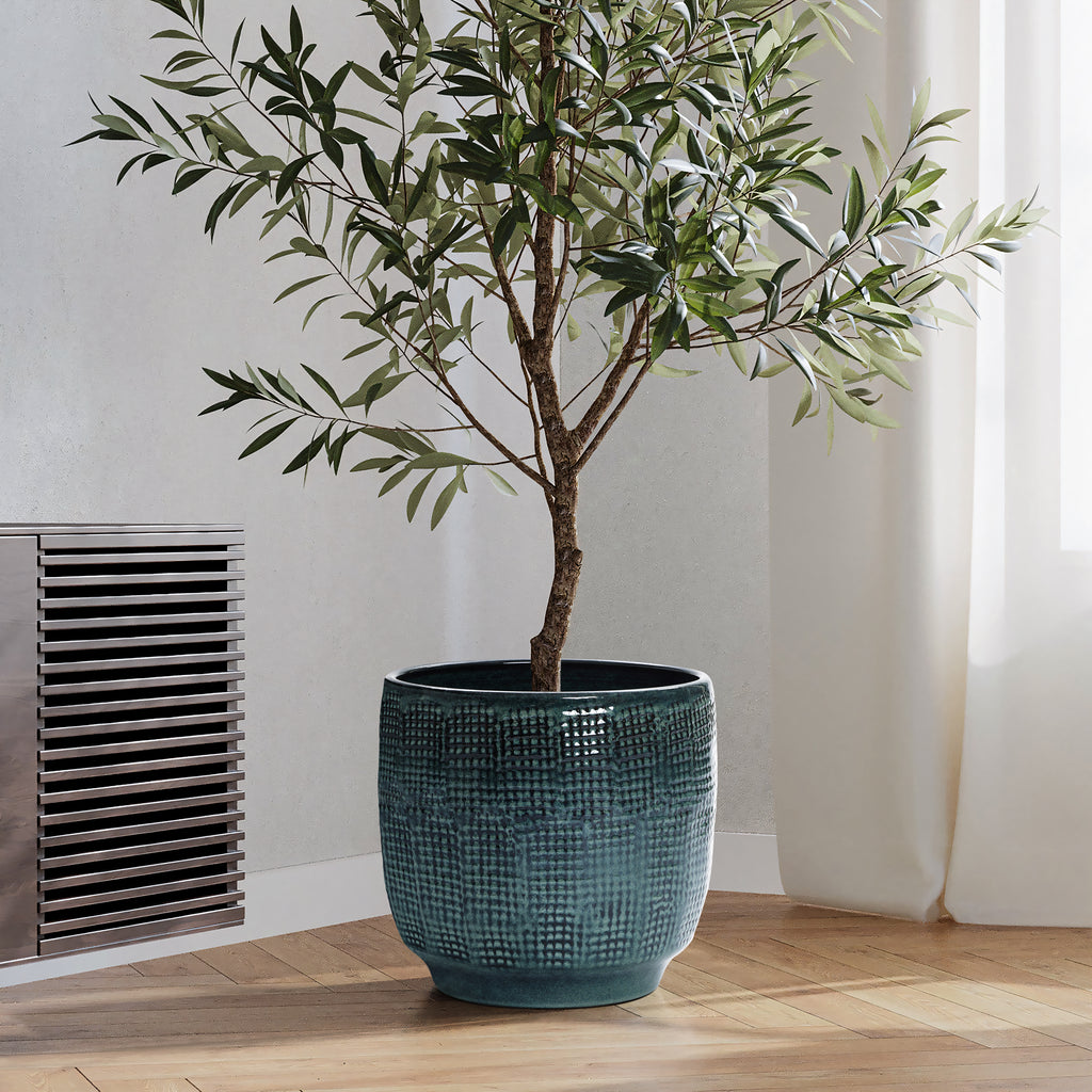 Keramik Blumentopf Groß, Round Übertöpfe Außen & Innen, Massiver Pflanzkübel mit Drainage-Loch ideal für Wohnzimmer, Küche und Balkon (Dunkelgrün, Ø30xH28 cm)