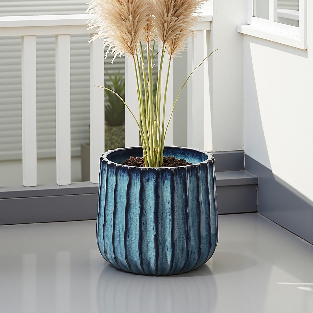 Keramik Blumentopf Ø23 cm Rund, Blau-Weiß Übertopf mit Drainage-Loch,Frostsicher Wetterfester Pflanzkübel für Balkon Garten Terrasse Wohnzimmer