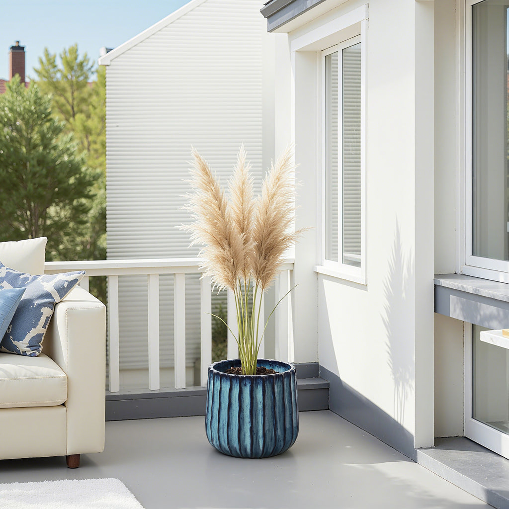 Keramik Blumentopf Ø23 cm Rund, Blau-Weiß Übertopf mit Drainage-Loch,Frostsicher Wetterfester Pflanzkübel für Balkon Garten Terrasse Wohnzimmer