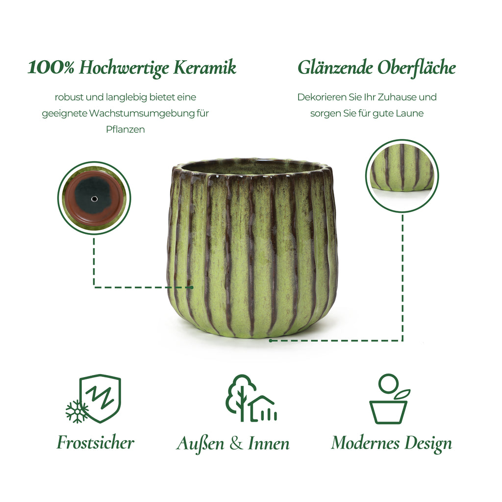 Hometopia Keramik Blumentopf, rund, mit Ablaufloch, Ø 23 cm, Olivgrün,Keramik,Frostsicher Wetterfest,Massiver Pflanzkübel mit Drainage-Loch ideal für Balkon&Garten,Terrasse,Wohnzimmer Ø23xH21 cm