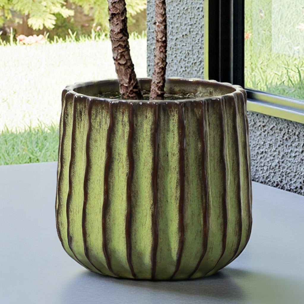 Hometopia Keramik Blumentopf, rund, mit Ablaufloch, Ø 23 cm, Olivgrün,Keramik,Frostsicher Wetterfest,Massiver Pflanzkübel mit Drainage-Loch ideal für Balkon&Garten,Terrasse,Wohnzimmer Ø23xH21 cm