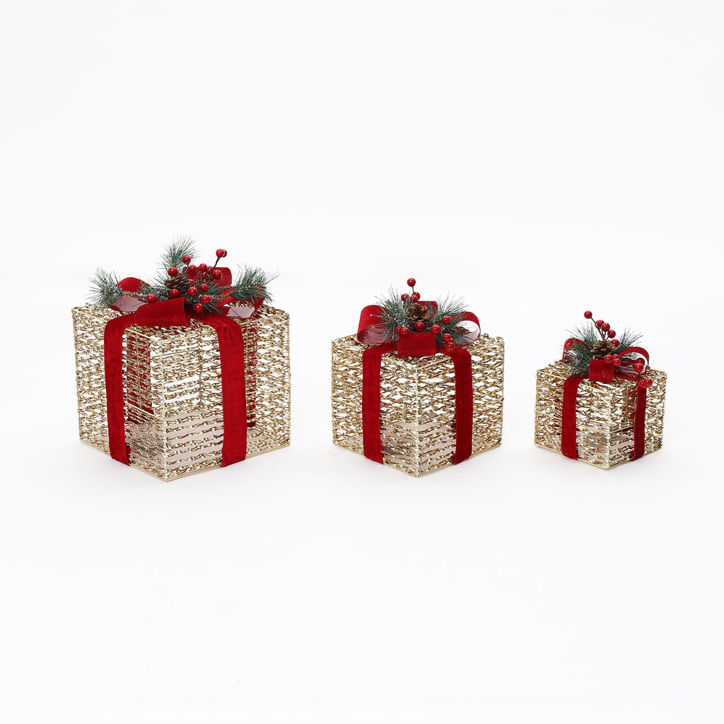 3er-Set LED-Geschenkboxen – Weihnachtsdeko in silber mit roten Schleifen und Beeren – Batteriebetrieben