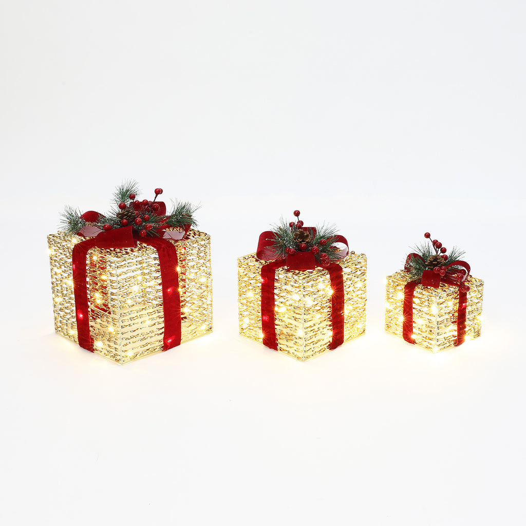 3er-Set LED-Geschenkboxen – Weihnachtsdeko in silber mit roten Schleifen und Beeren – Batteriebetrieben