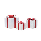 3er-Set LED-Geschenkboxen – Weihnachtsdeko in Weiß mit roten Schleifen