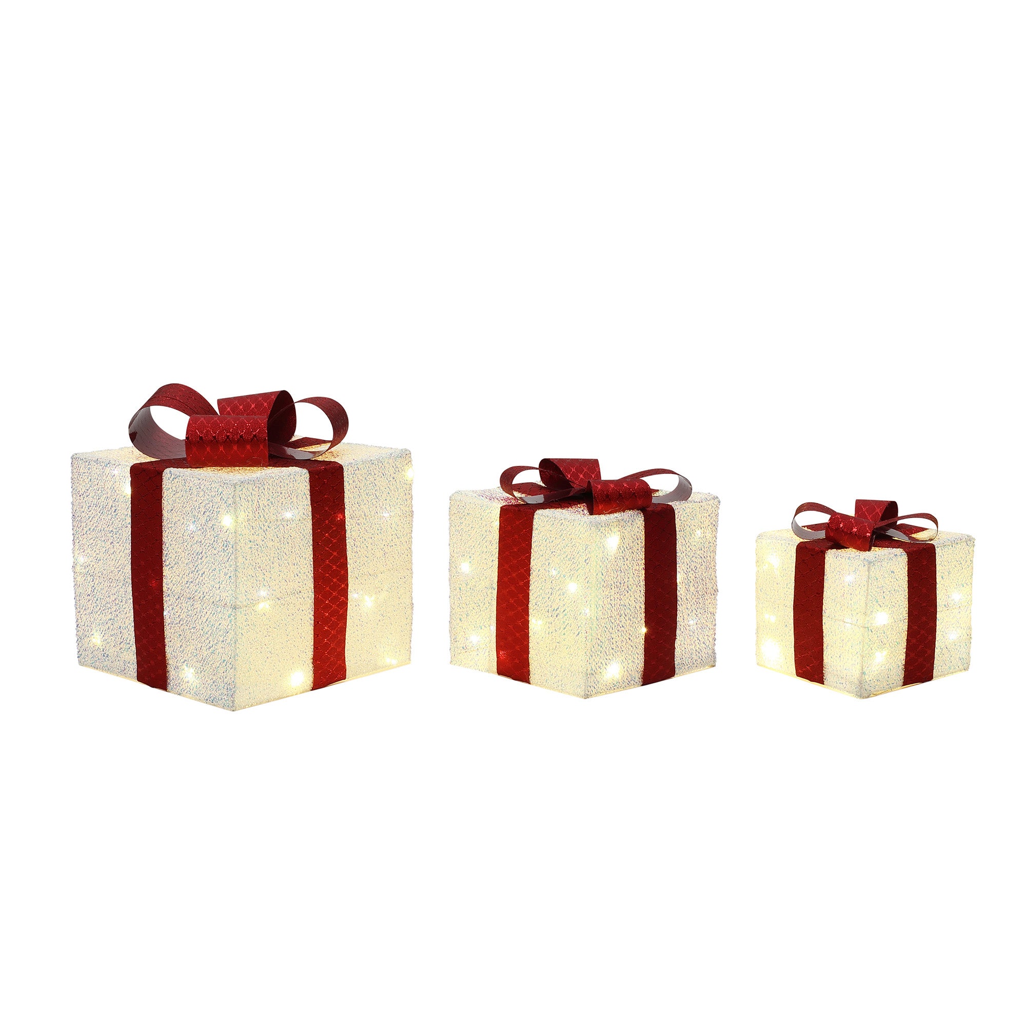 3er-Set LED-Geschenkboxen – Weihnachtsdeko in Weiß mit roten Schleifen