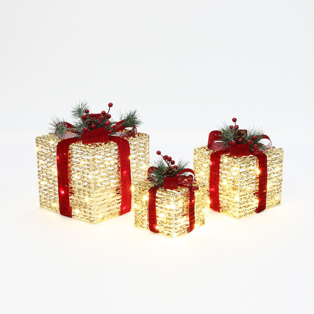 3er-Set LED-Geschenkboxen – Weihnachtsdeko in silber mit roten Schleifen und Beeren – Batteriebetrieben