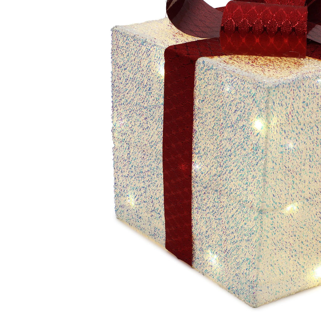 3er-Set LED-Geschenkboxen – Weihnachtsdeko in Weiß mit roten Schleifen