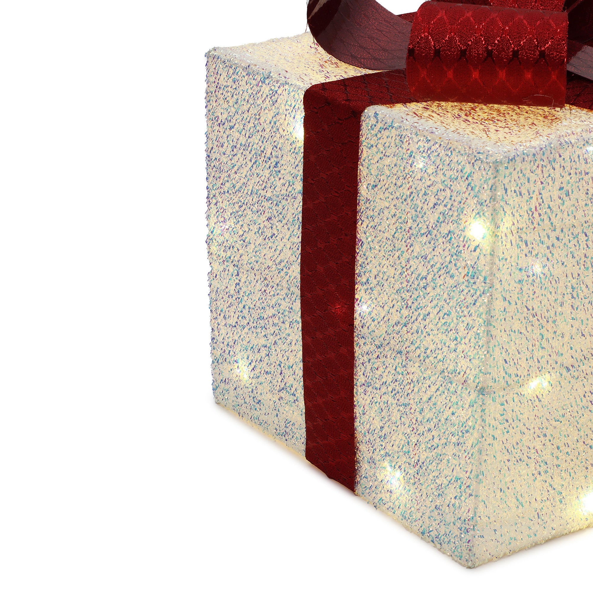 3er-Set LED-Geschenkboxen – Weihnachtsdeko in Weiß mit roten Schleifen