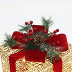 3er-Set LED-Geschenkboxen – Weihnachtsdeko in silber mit roten Schleifen und Beeren – Batteriebetrieben