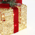 3er-Set LED-Geschenkboxen – Weihnachtsdeko in silber mit roten Schleifen und Beeren – Batteriebetrieben