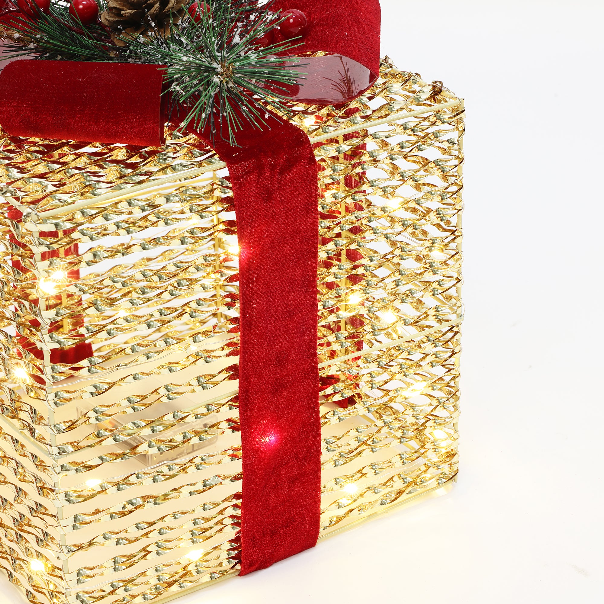 3er-Set LED-Geschenkboxen – Weihnachtsdeko in silber mit roten Schleifen und Beeren – Batteriebetrieben