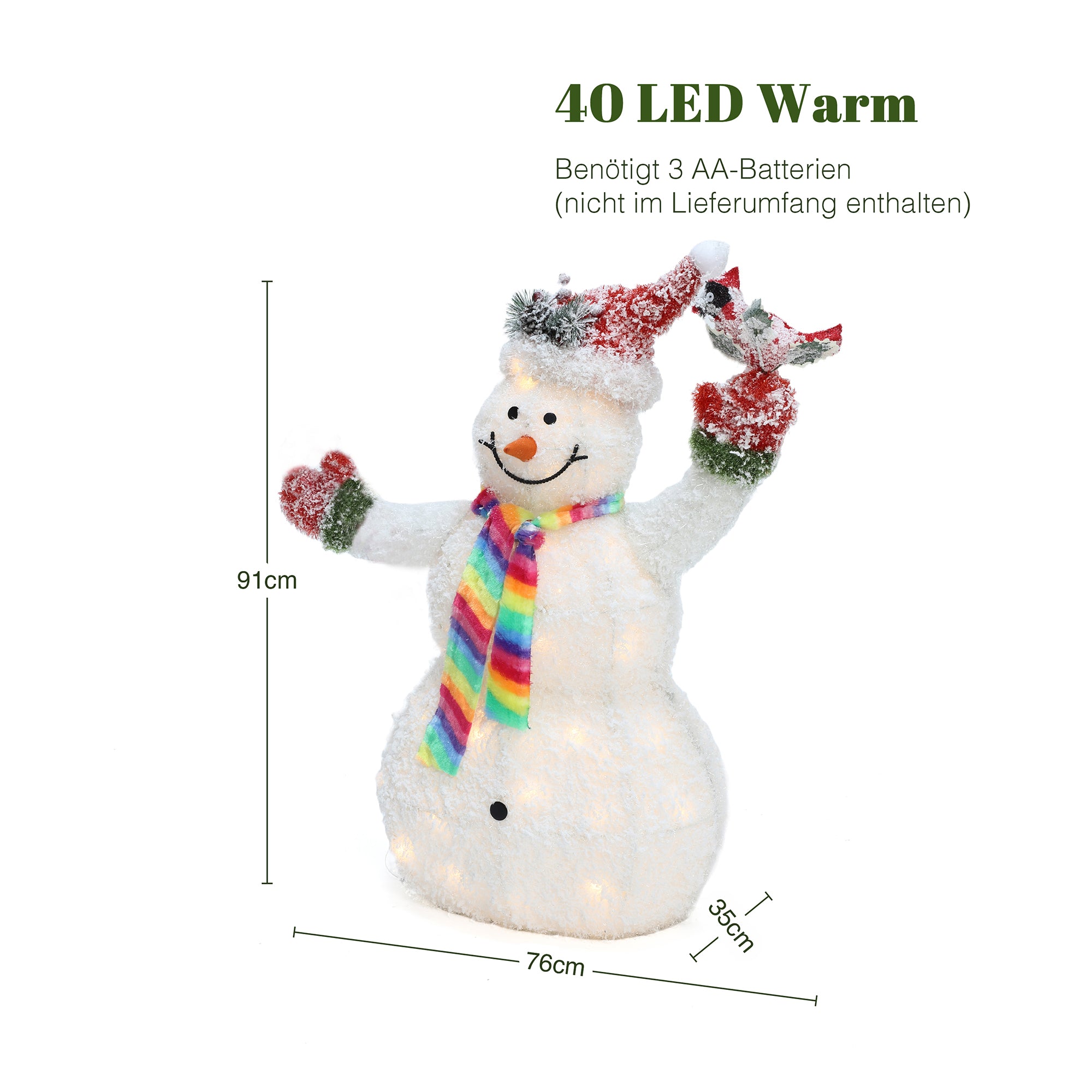LED-Schneemann mit Schneeeffekt und Rotkehlchen –  Leuchtende Weihnachtsdeko für Innen und Außen