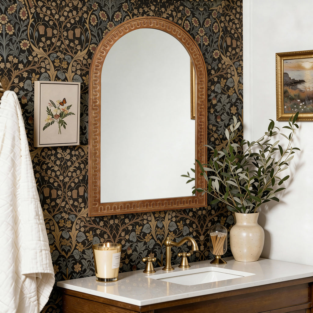 Arkaden-Form Holz-Wandspiegel mit Meander-Muster – Rustikal-Eleganter Ganzkörper-Spiegel