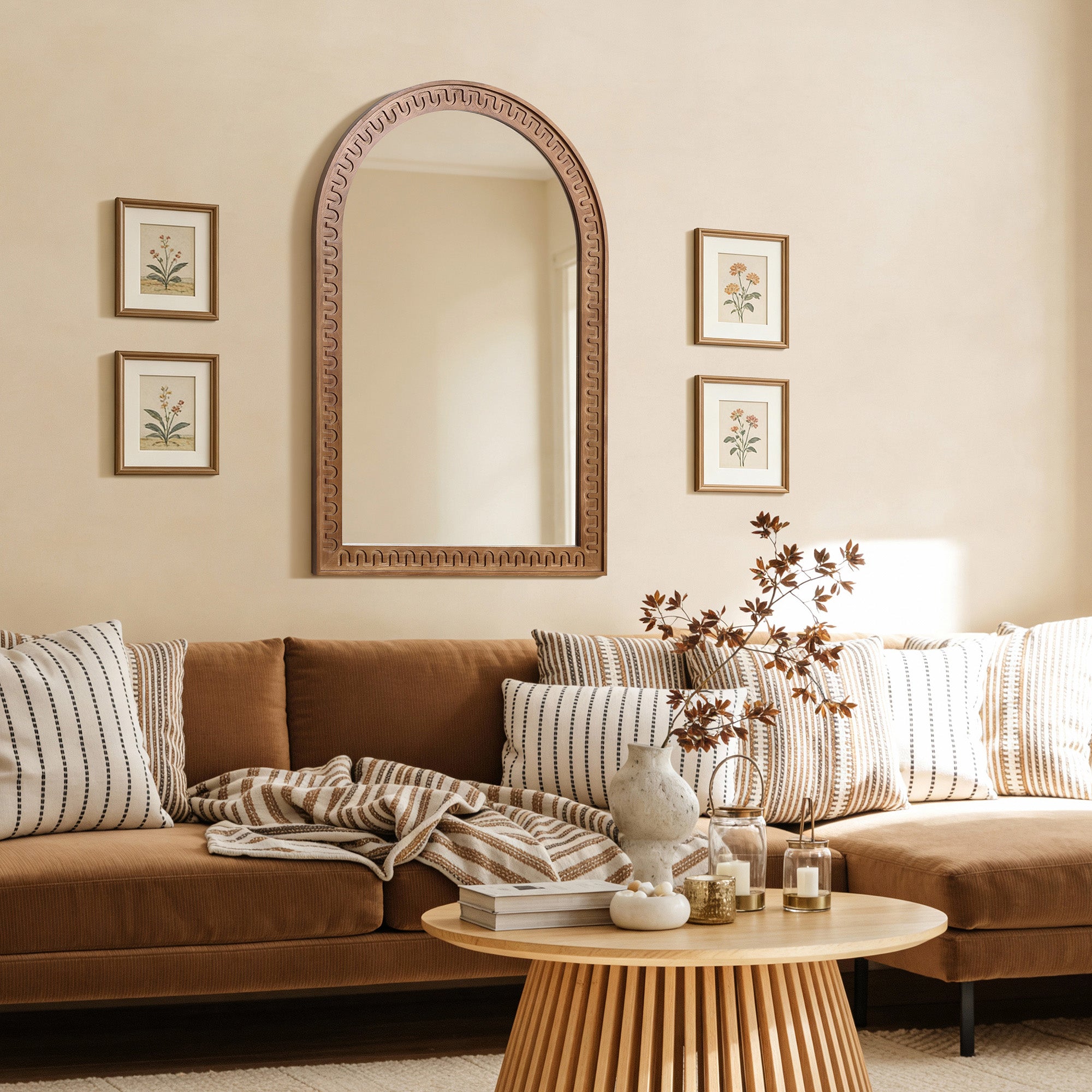 Arkaden-Form Holz-Wandspiegel mit Meander-Muster – Rustikal-Eleganter Ganzkörper-Spiegel