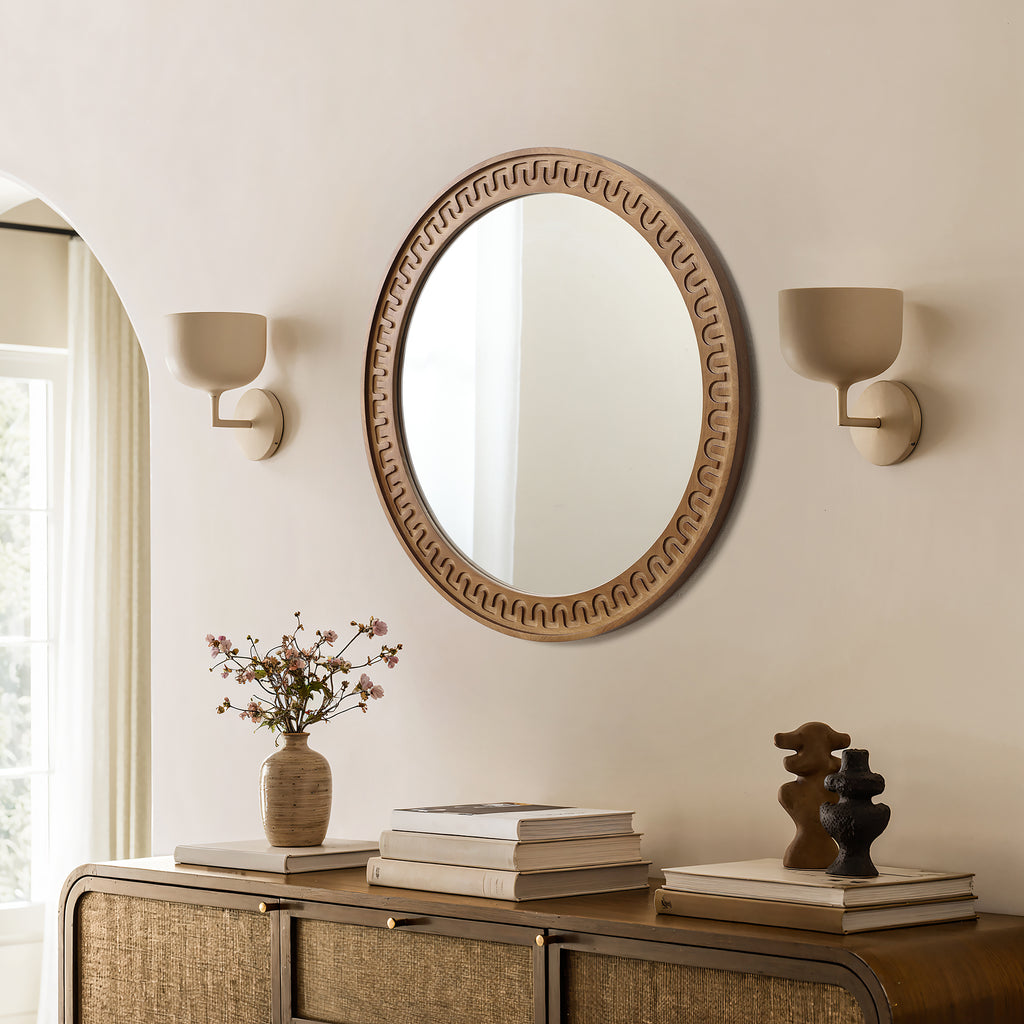 Runder Holz-Wandspiegel mit Meander-Muster – Rustikal-Eleganter Deko-Spiegel