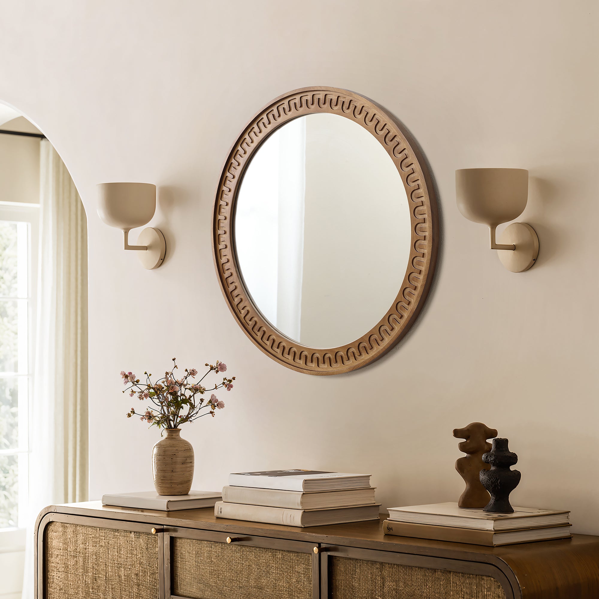 Runder Holz-Wandspiegel mit Meander-Muster – Rustikal-Eleganter Deko-Spiegel