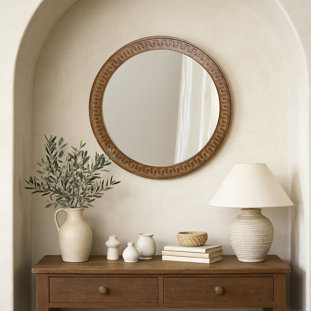 Runder Holz-Wandspiegel mit Meander-Muster – Rustikal-Eleganter Deko-Spiegel