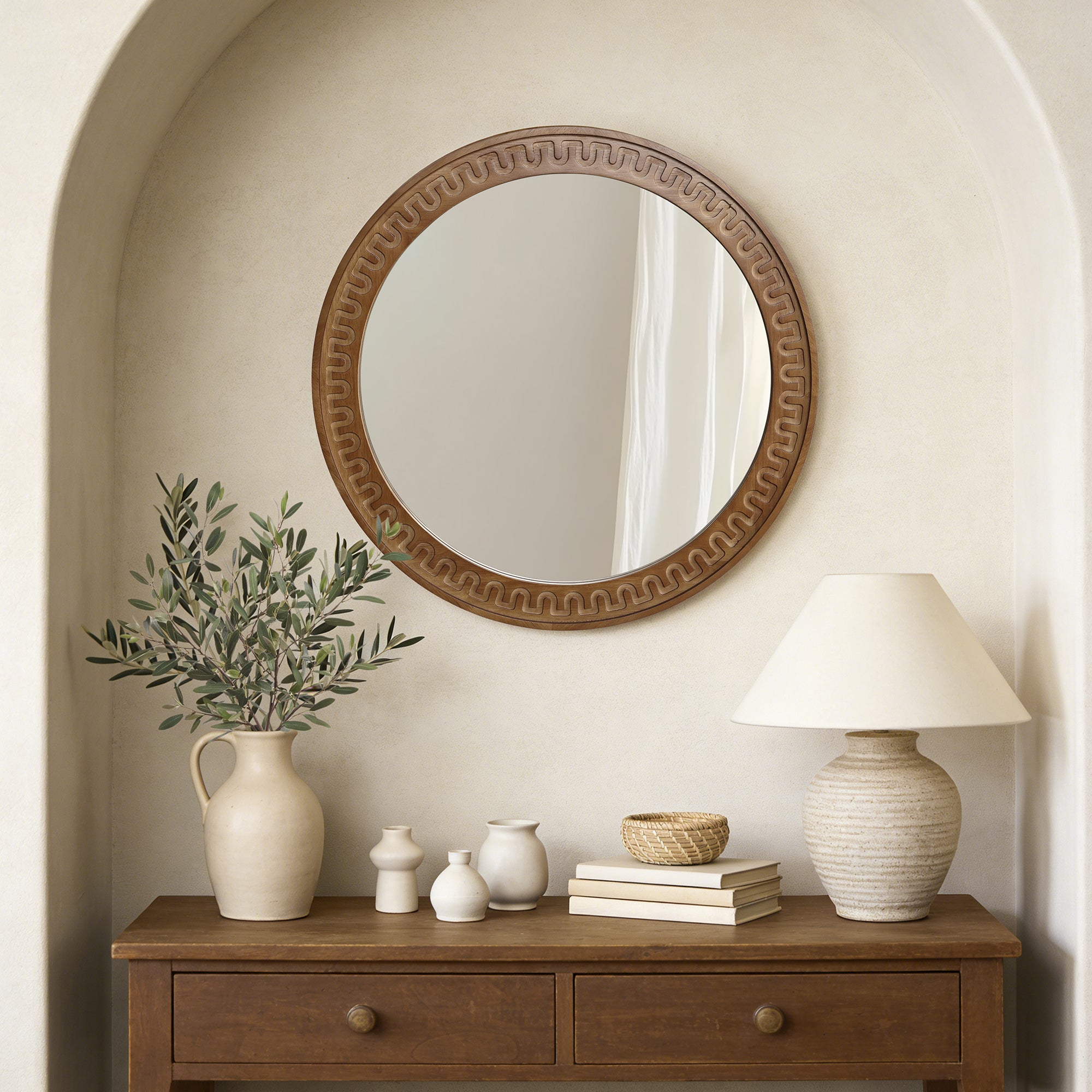 Runder Holz-Wandspiegel mit Meander-Muster – Rustikal-Eleganter Deko-Spiegel