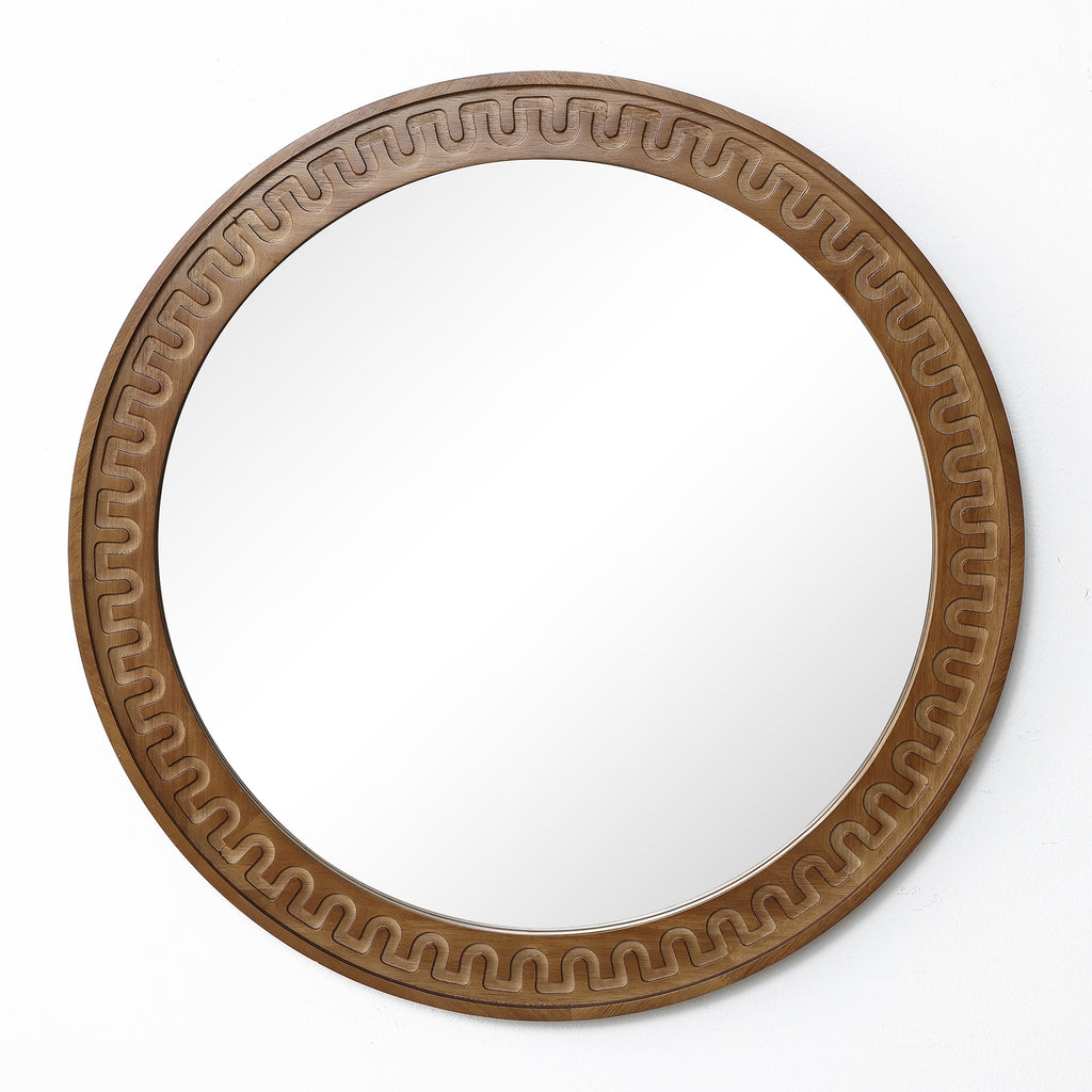 Runder Holz-Wandspiegel mit Meander-Muster – Rustikal-Eleganter Deko-Spiegel