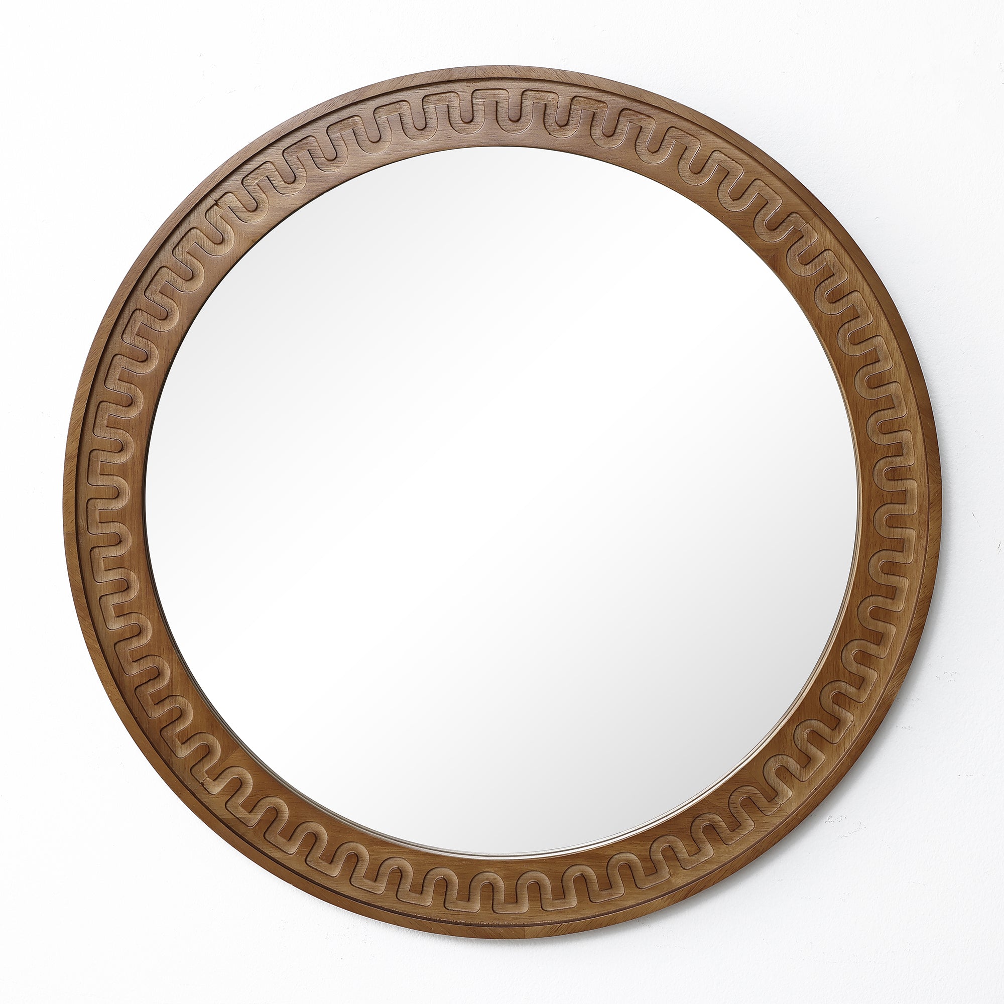 Runder Holz-Wandspiegel mit Meander-Muster – Rustikal-Eleganter Deko-Spiegel