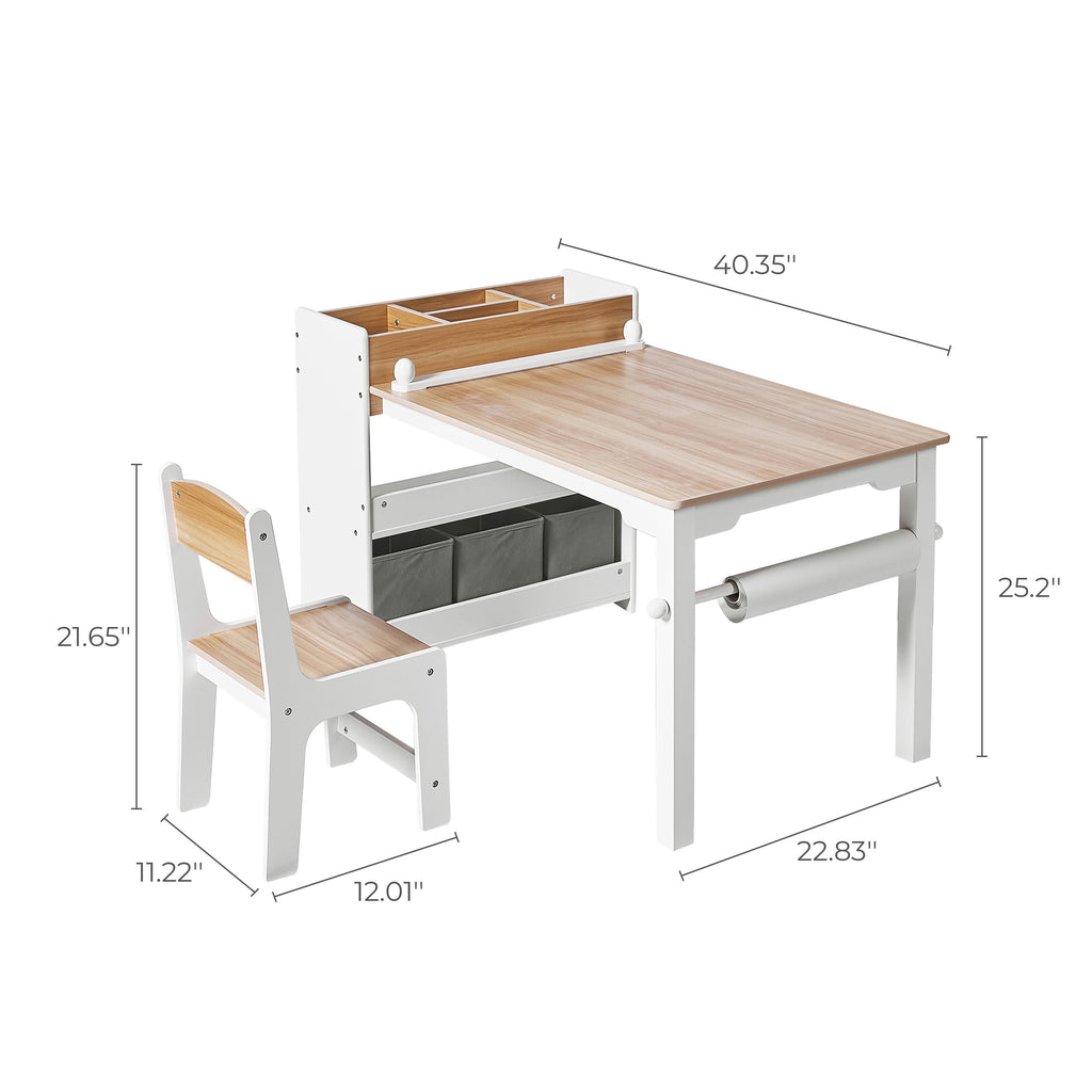Kinder-Schreibtisch mit Bücherregal, 2 Stühlen und Papierrollenhalter, Weiß/Natur