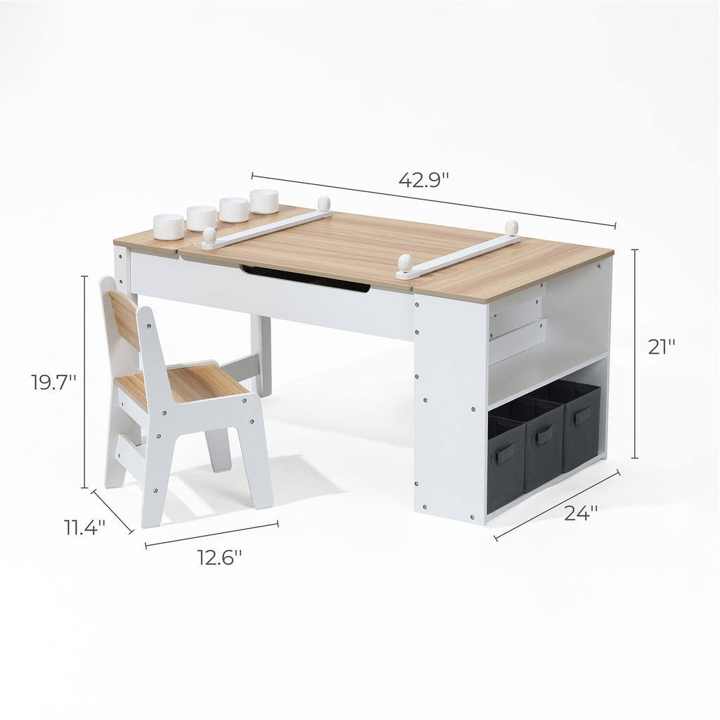 Kindertisch-Set mit 2 Stühlen, Papierrolle und Stauraum, Weiß/Natur
