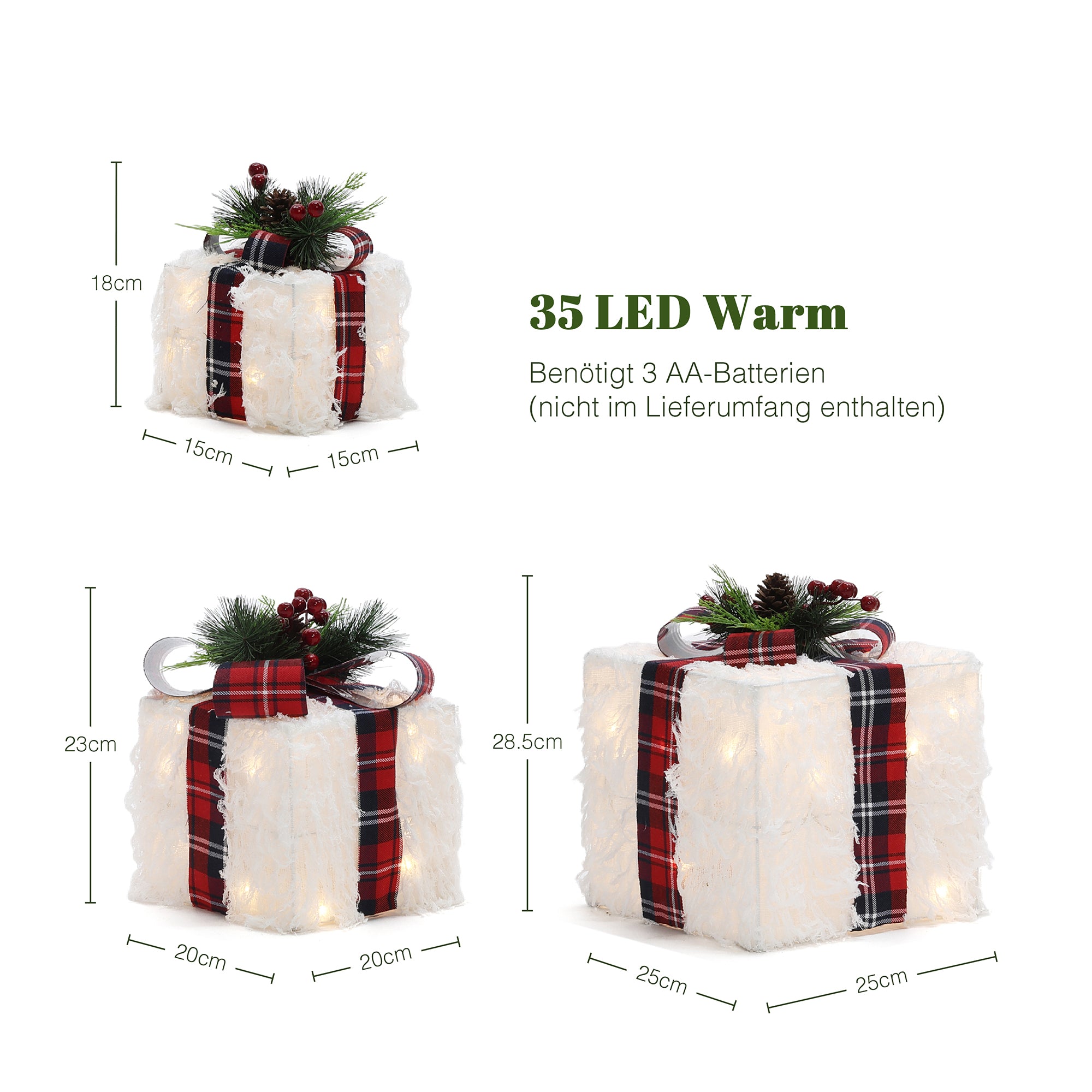 3er-Set LED-Geschenkboxen – Weihnachtsdeko im Plüsch-Design mit karierten Schleifen und Beeren