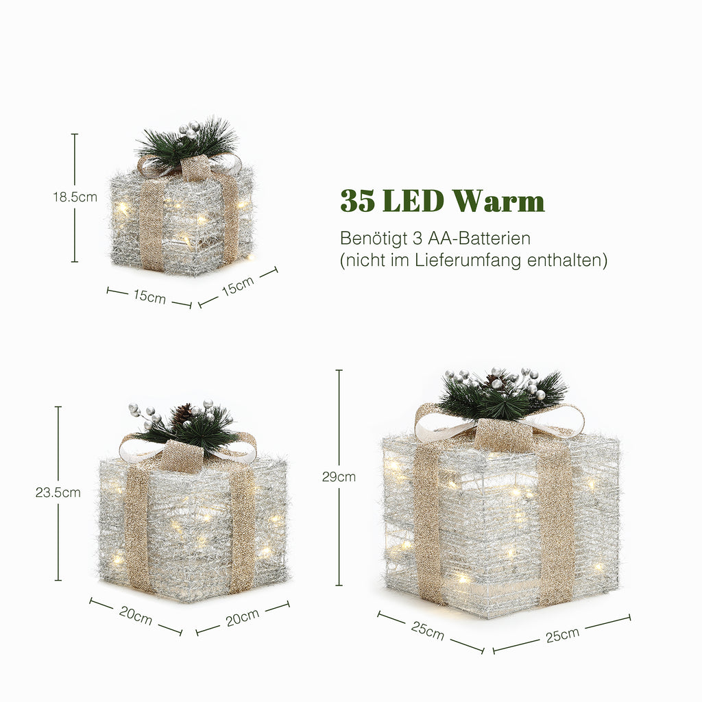 3er-Set LED-Geschenkboxen – Weihnachtsdeko in Silber mit goldenen Schleifen und Beeren