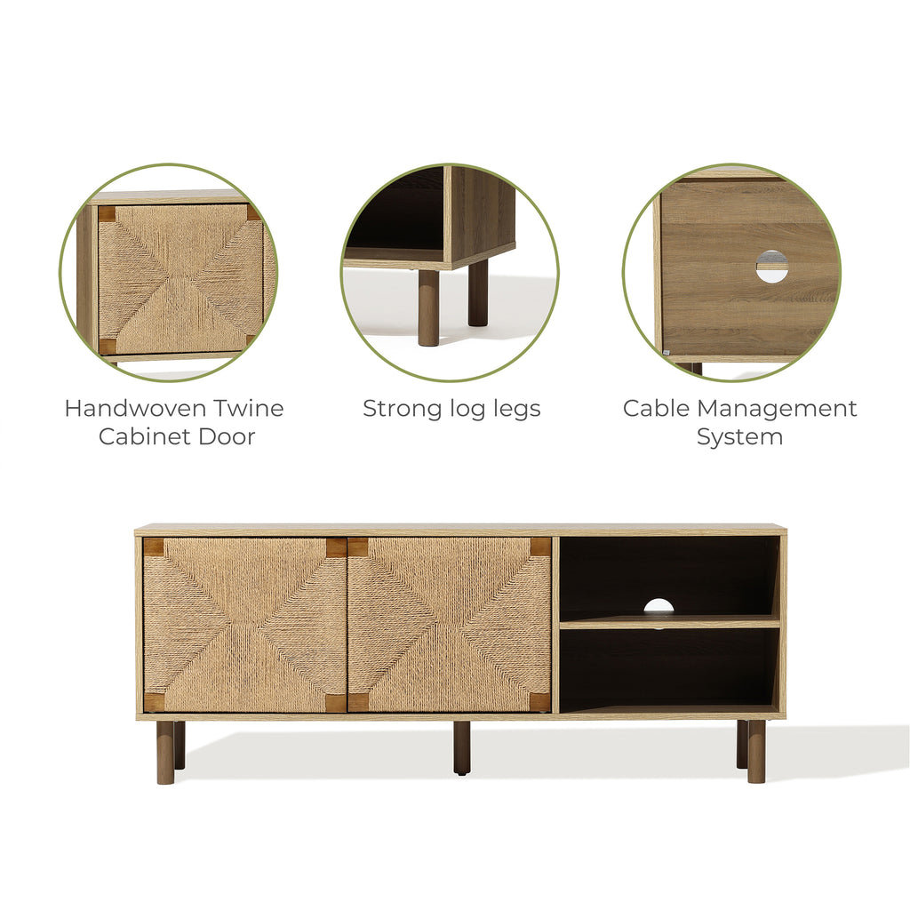 Mid-Century TV-Lowboard 140 cm mit Stauraum und Front mit Jutegeflecht