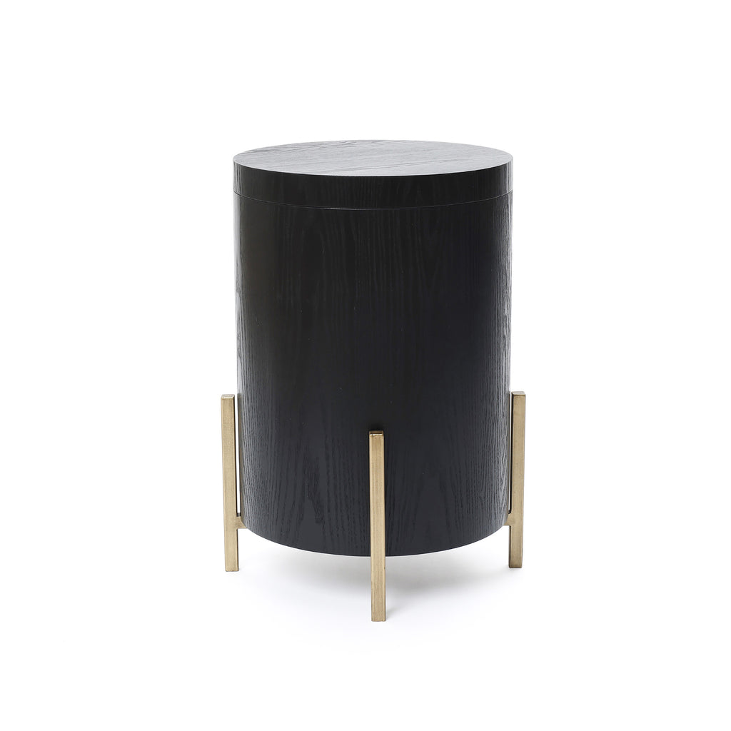 Runder Beistelltisch mit Stauraum, Schwarz Holzoptik und Gold Metallgestell