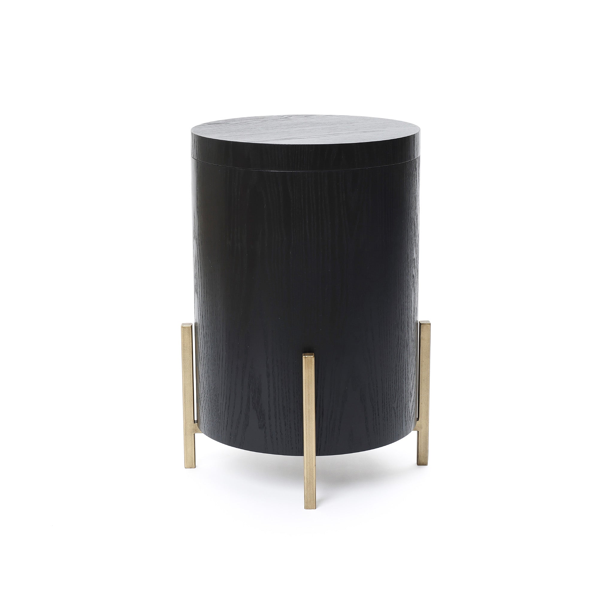 Runder Beistelltisch mit Stauraum, Schwarz Holzoptik und Gold Metallgestell