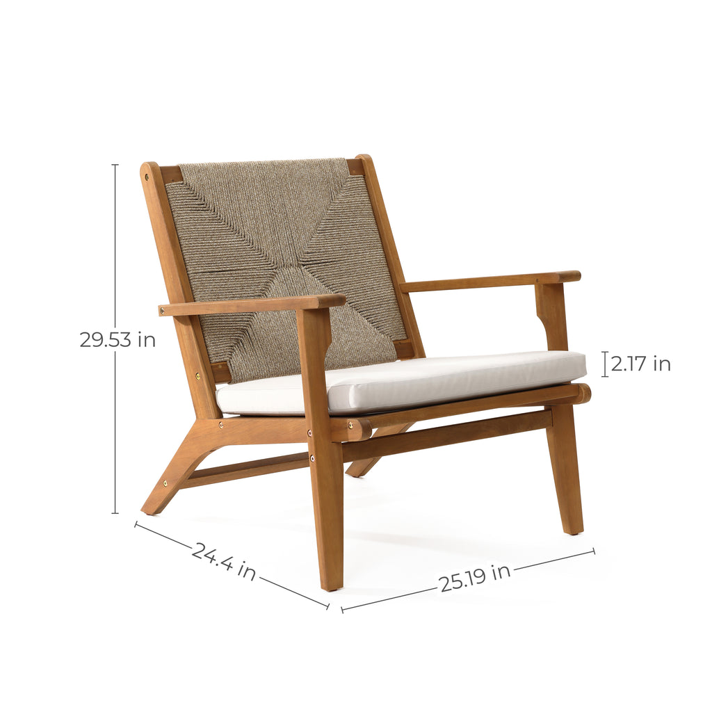 Outdoor-Sessel aus Akazienholz mit Seilgeflecht und Kissen