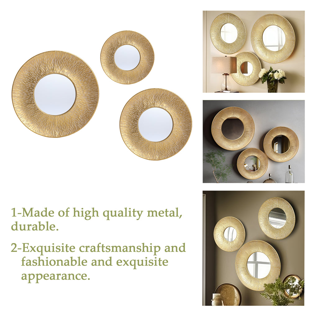 3-teiliges Goldenes Harz-Wandspiegel-Set – Runde Deko-Spiegel mit strukturiertem Rahmen