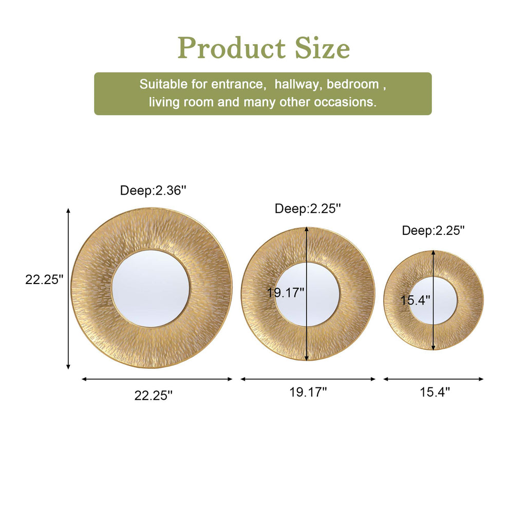 3-teiliges Goldenes Harz-Wandspiegel-Set – Runde Deko-Spiegel mit strukturiertem Rahmen